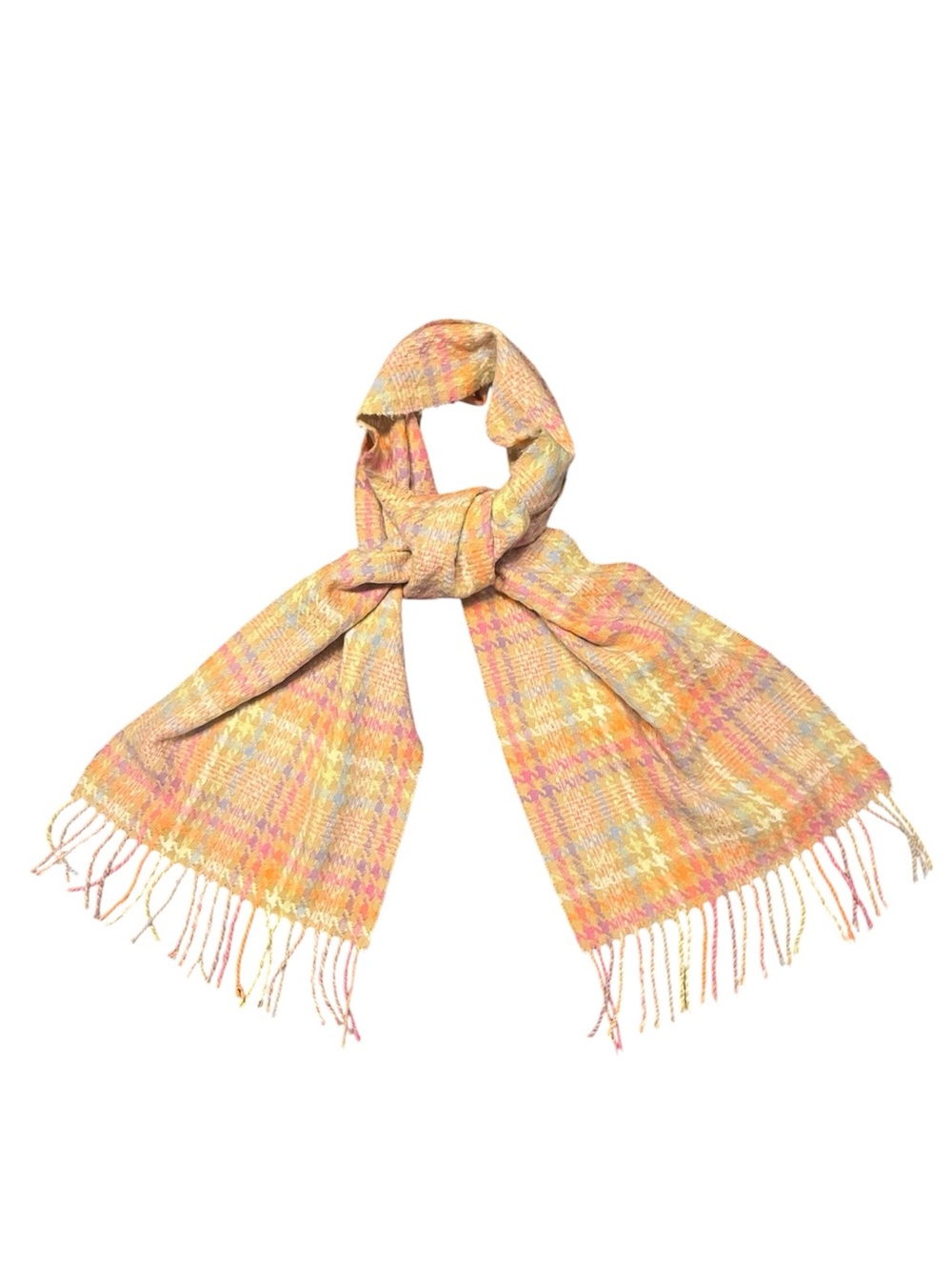 100% Cashmere Woven Pastel Plaid Fringe Scarf Wrap- Yellow Pink Purple Multi